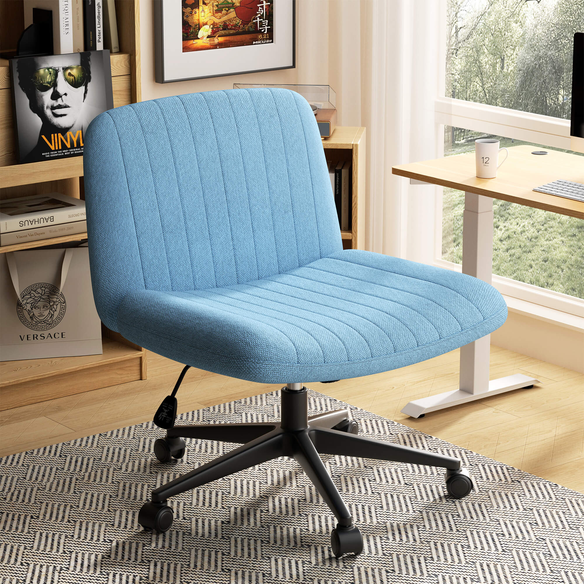 Walsunny Cross Legged Office Chair Armless Wide Chair Cross Legged Office Chair Computer Chair #color_blue #foot_pulley-foot
