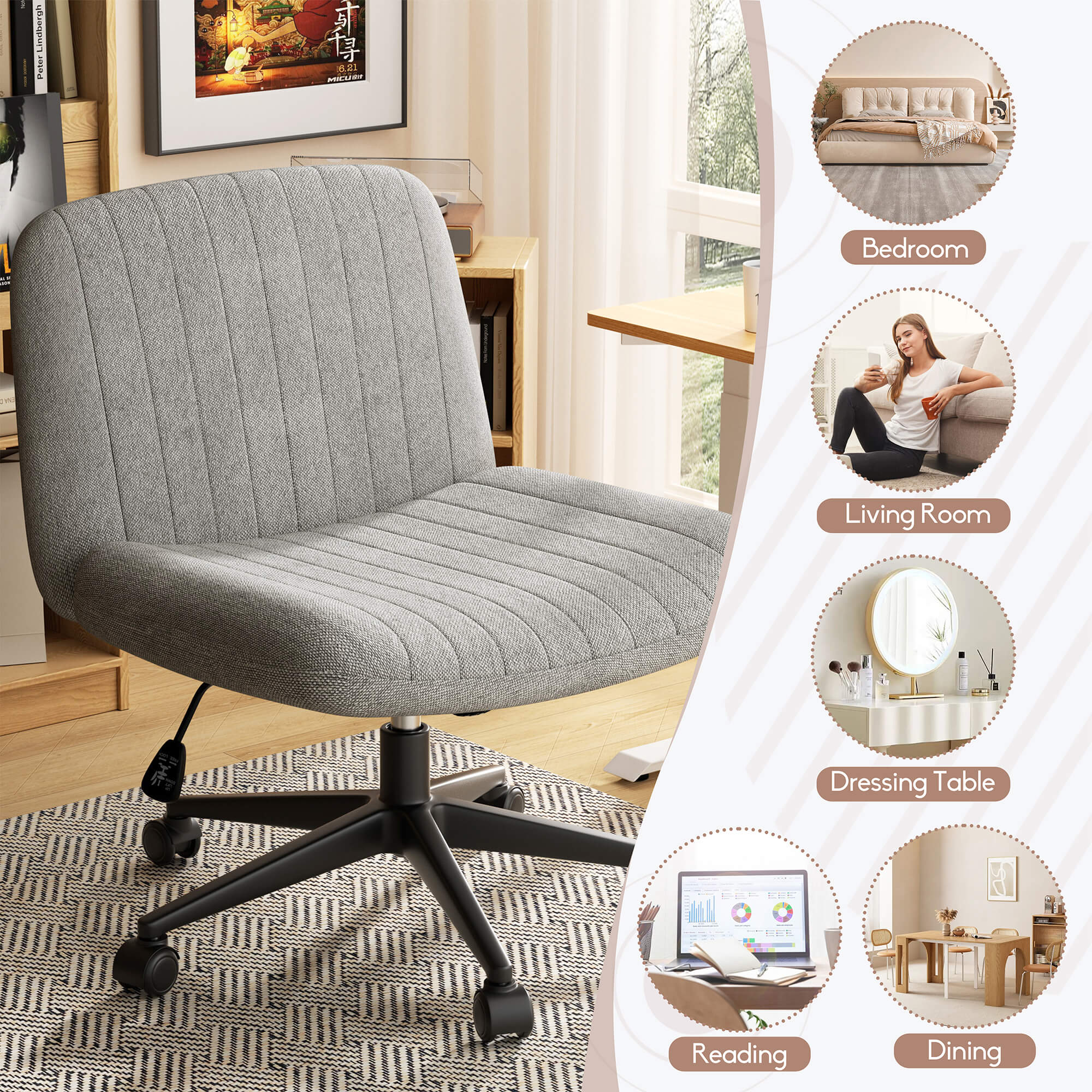 Walsunny Cross Legged Office Chair Armless Wide Chair Cross Legged Office Chair Computer Chair #color_grey #foot_pulley-foot