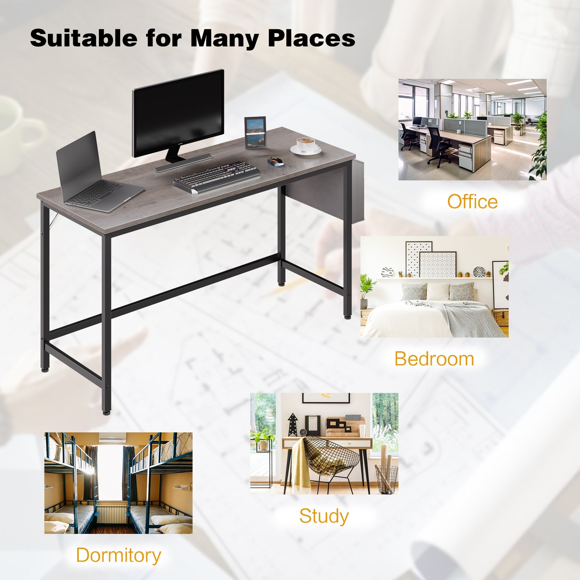 Walsunny 55 inch Home Office Desk with Storage Bag, Study Workstation Modern Simple Design, Student Writing Desk, Office Working Desk, Gray (7346039357616)