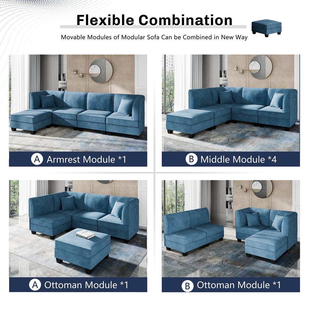 Walsunny Velvet 5 Pieces Modular Sectional Sofa L-Shaped Couch With Reversible Chaise (7223391125680)