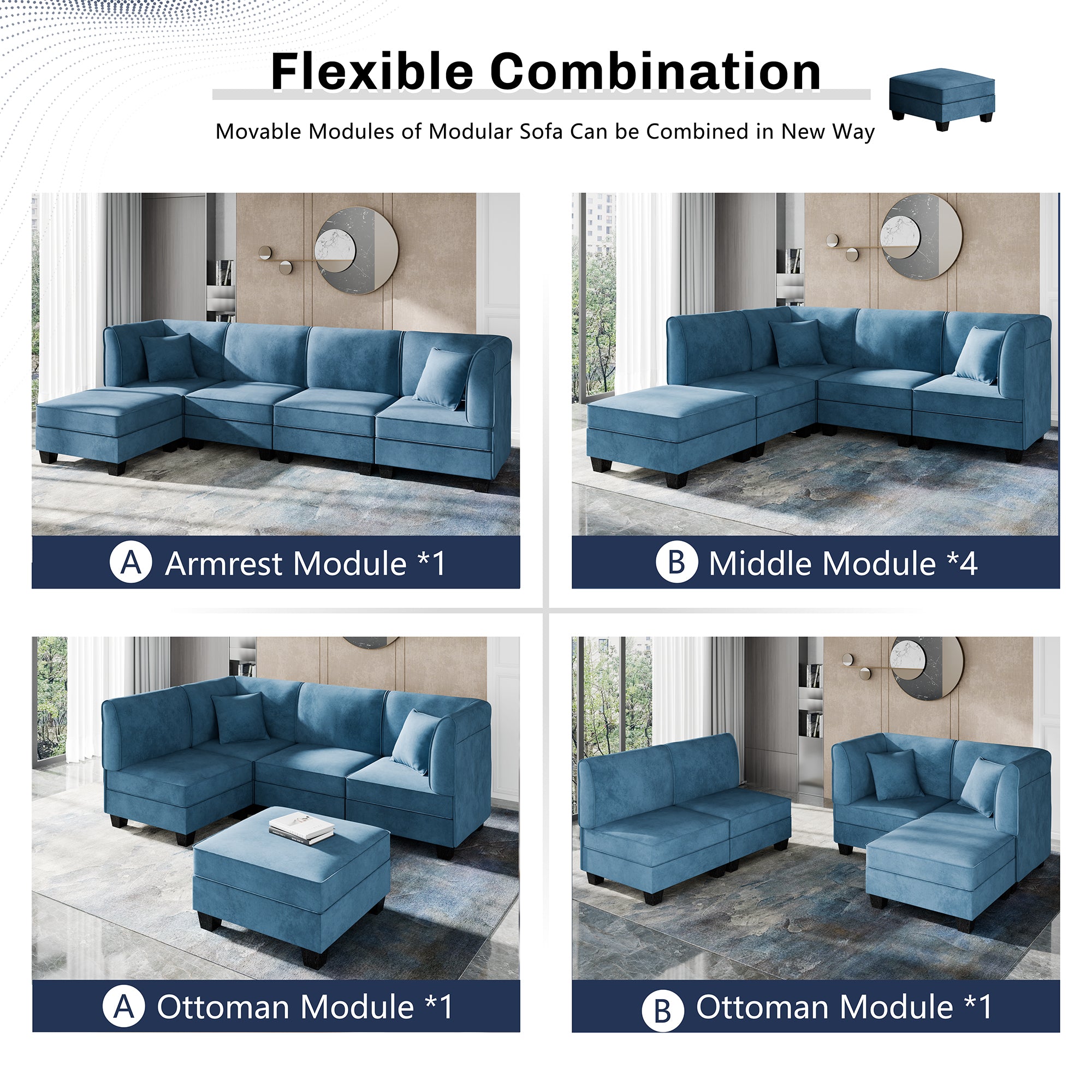 Walsunny Velvet 5 Pieces Modular Sectional Sofa L-Shaped Couch With Reversible Chaise (7223391125680)