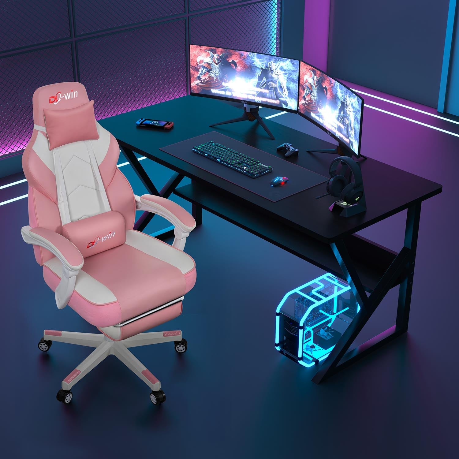 Gaming Chairs  Walsunny Gaming Chairs with Footrest, Massage Leather Game Chair for Adults Big and Tall Gamer Chair with Headrest and Lumbar Support with Ergonomic PU Leather   #color_pink