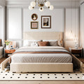 Walsunny Bed Frame with 4 Storage Drawee, Platform Bed with Upholstered Modern Geometric Lines Headboard, Solid Wood Slats Support (7504162390192)