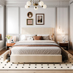 Walsunny Bed Frame with 4 Storage Drawee, Platform Bed with Upholstered Modern Geometric Lines Headboard, Solid Wood Slats Support (7504162390192)