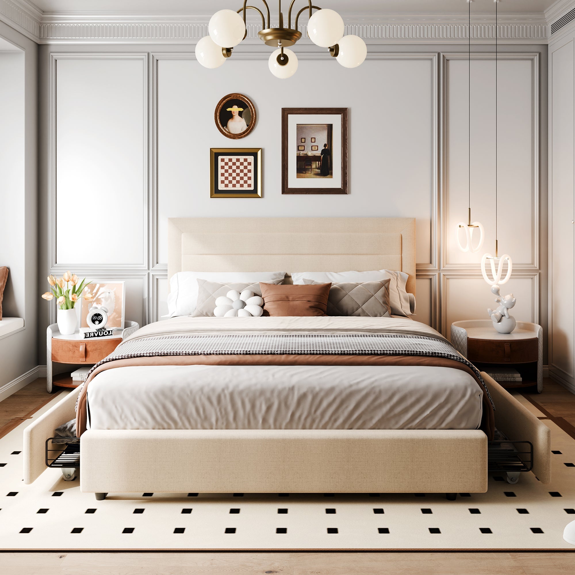 Walsunny Bed Frame with 4 Storage Drawee, Platform Bed with Upholstered Modern Geometric Lines Headboard, Solid Wood Slats Support (7504162390192)