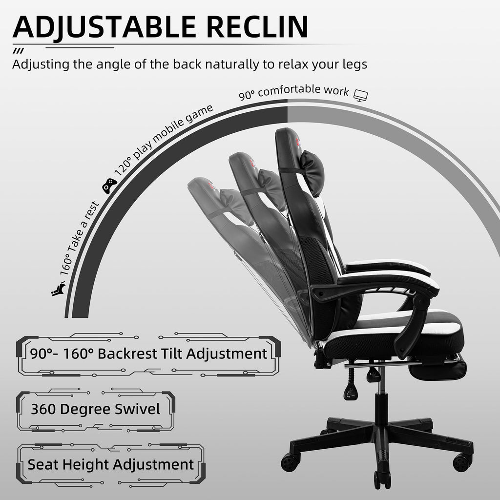 Gaming Chairs  Walsunny Gaming Chairs with Footrest, Massage Leather Game Chair for Adults Big and Tall Gamer Chair with Headrest and Lumbar Support with Ergonomic PU Leather   #color_white