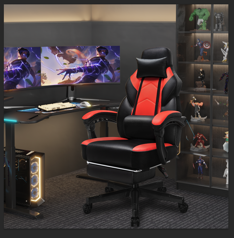 Gaming Chairs  Walsunny Gaming Chairs with Footrest, Massage Leather Game Chair for Adults Big and Tall Gamer Chair with Headrest and Lumbar Support with Ergonomic PU Leather #color_red